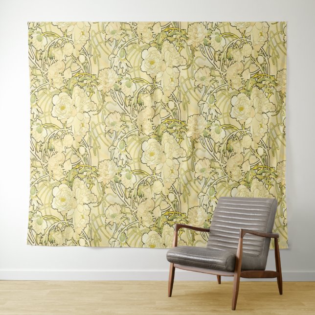 Alphonse Mucha Peonies Art Nouveau Floral Pattern Tapestry (In Situ (Horizontal))