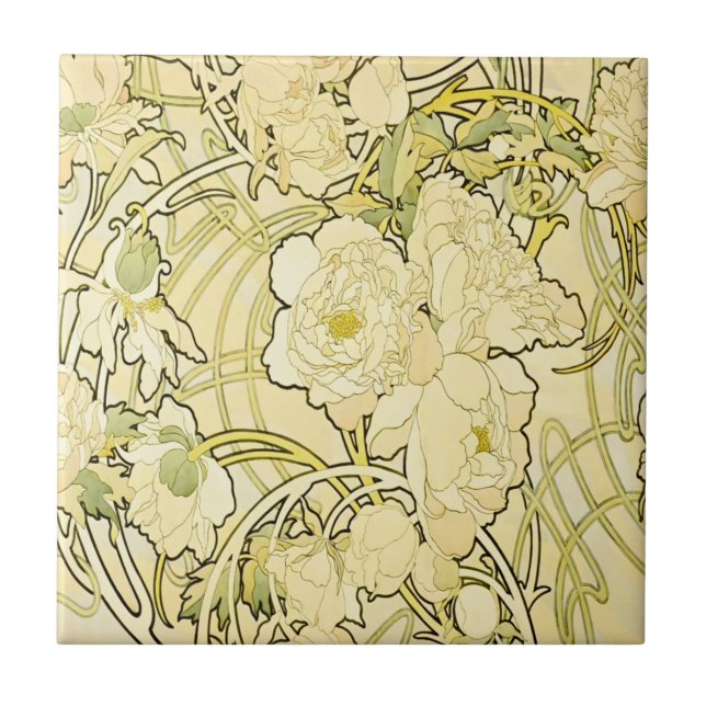 Alphonse Mucha Peonies Art Nouveau Floral Pattern Tile (Front)