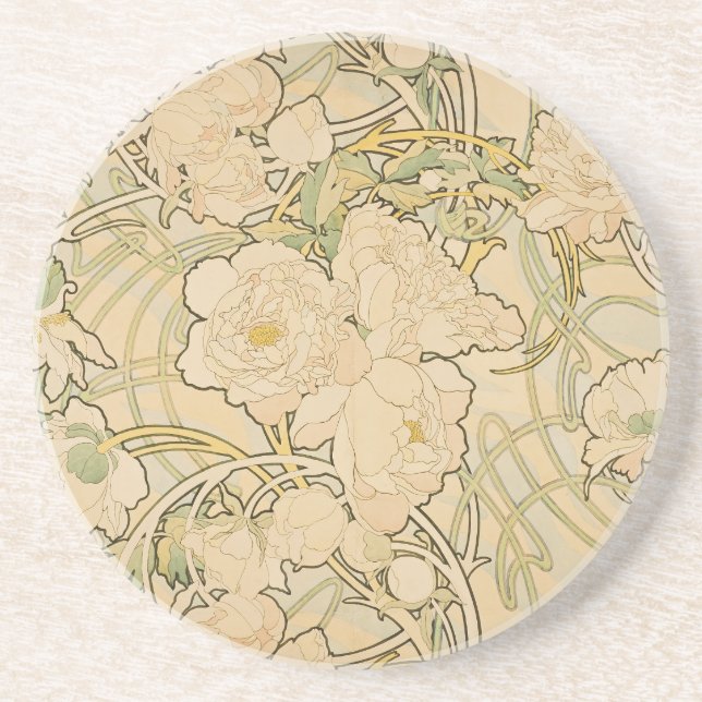 Alphonse Mucha Peonies Peony Roses Fawn 1897 Coaster (Front)