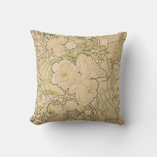 Alphonse Mucha Peonies Peony Roses Fawn 1897 Cushion (Front)