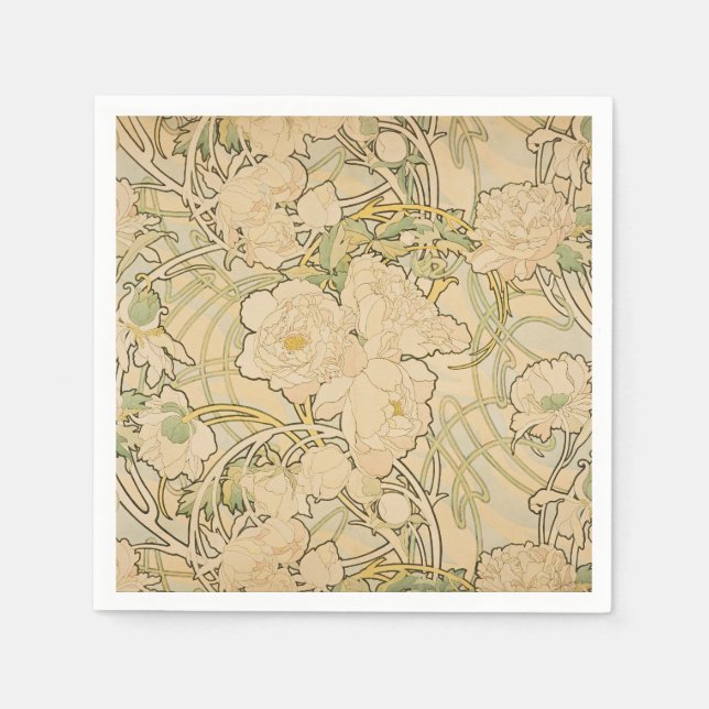 Alphonse Mucha Peonies Peony Roses Fawn 1897 Napkin (Front)