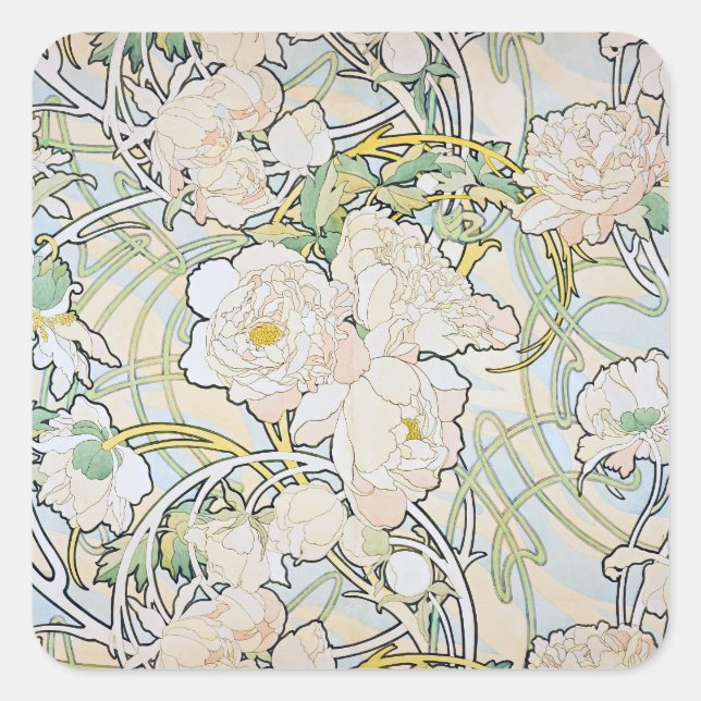 Alphonse Mucha Peonies Square Sticker (Front)