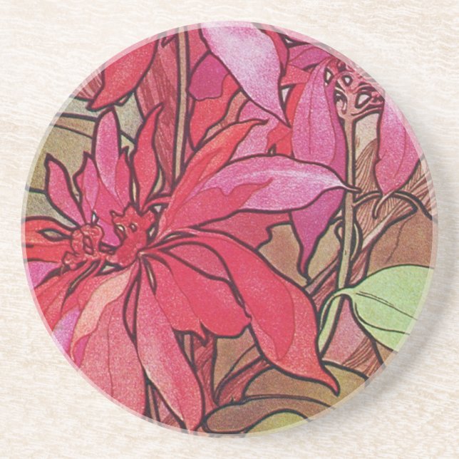 Alphonse Mucha Poinsettias Christmas Coasters (Front)
