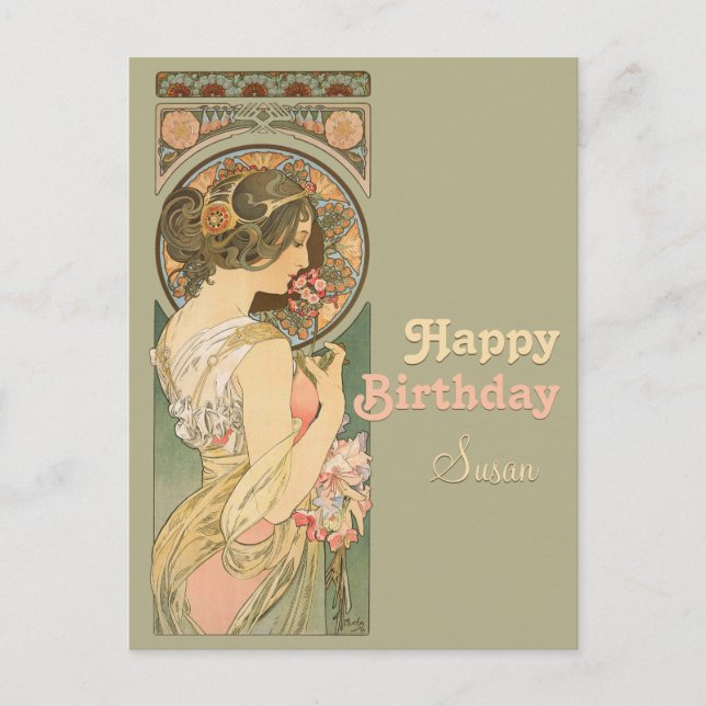 Alphonse Mucha Primrose CC0637 Birthday Postcard (Front)