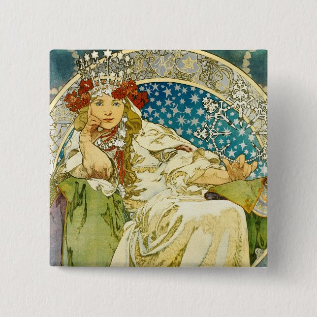 Alphonse Mucha Princess Hyacinth Art Nouveau 15 Cm Square Badge (Front)