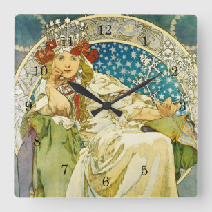 Alphonse Mucha Princess Hyacinth Art Nouveau Square Wall Clock