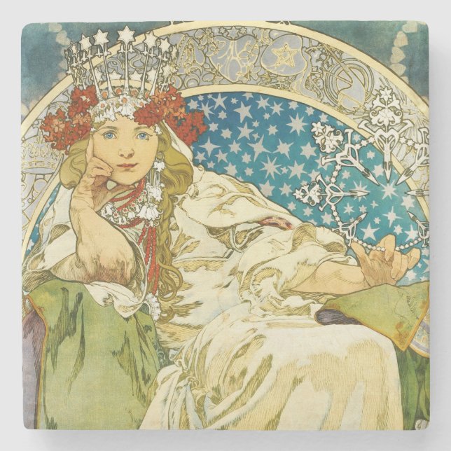 Alphonse Mucha Princess Hyacinth Art Nouveau Stone Coaster (Front)