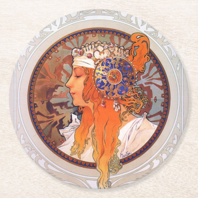 Alphonse Mucha Round Paper Coaster (Front)