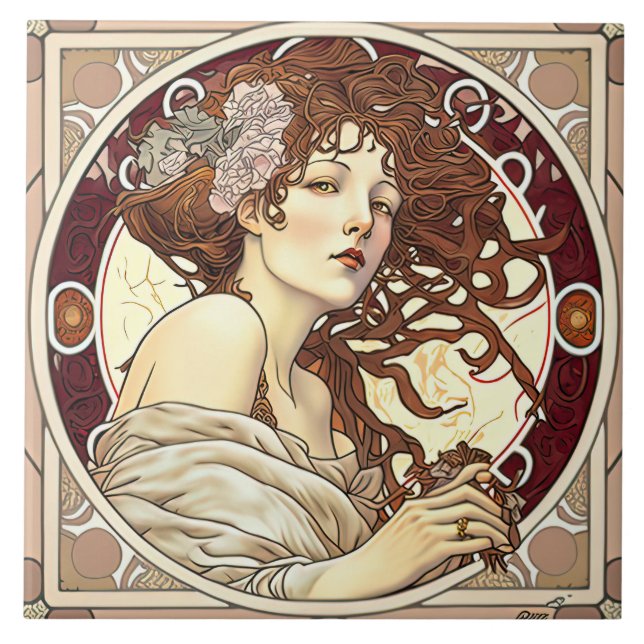 Alphonse Mucha Sarah Bernhardt Art Nouveau Ceramic Tile (Front)