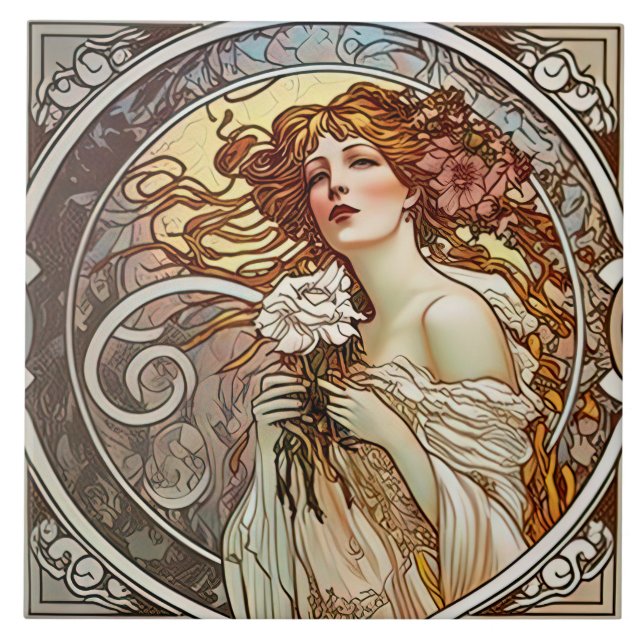 Alphonse Mucha Sarah Bernhardt Art Nouveau Ceramic Tile (Front)