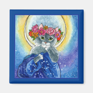 Alphonse Mucha spoof Cat flowers moon magnet