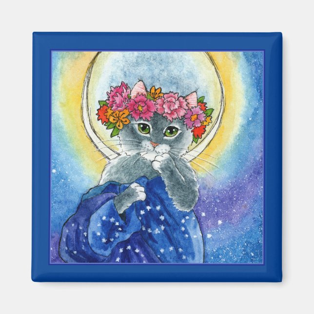 Alphonse Mucha spoof Cat flowers moon magnet (Front)