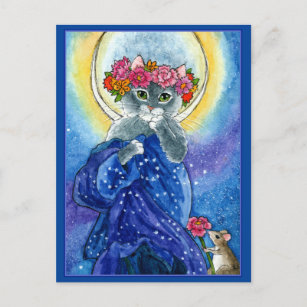 Alphonse Mucha spoof cute cat Moon postcard