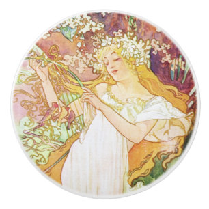 Alphonse Mucha Spring Floral Vintage Art Nouveau Ceramic Knob