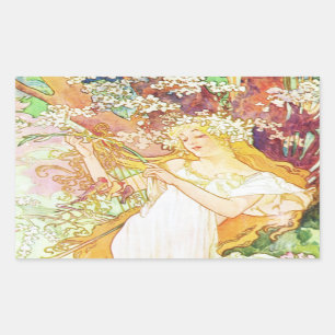Alphonse Mucha Spring Floral Vintage Art Nouveau Rectangular Sticker