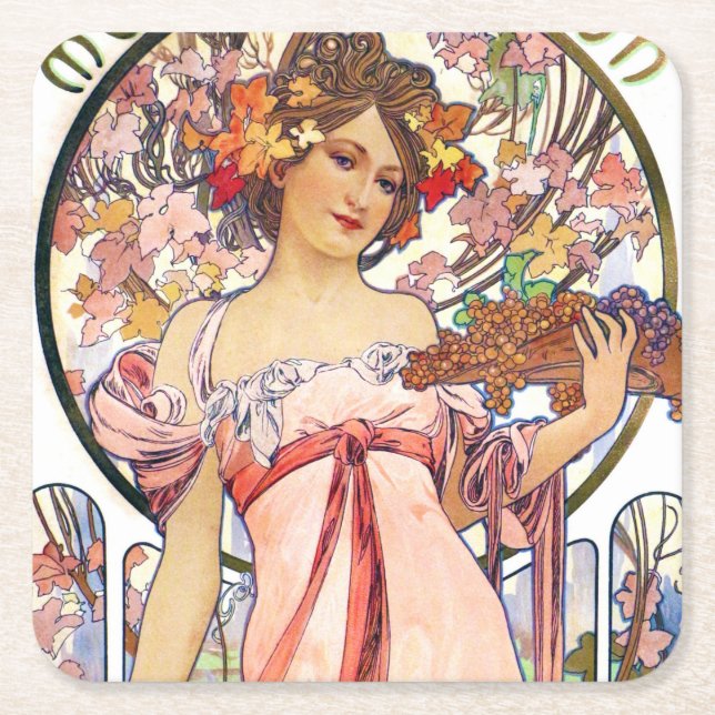 Alphonse Mucha Square Paper Coaster (Front)