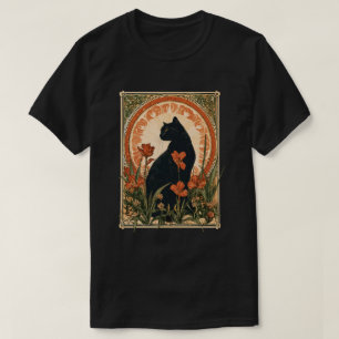 Alphonse Mucha Style Black Cat Art Nouveau T-Shirt
