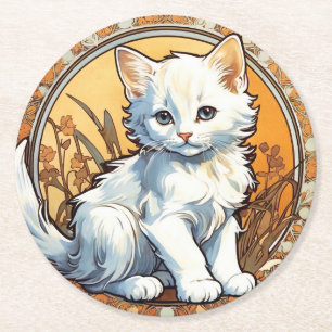 Alphonse Mucha Style Cat Round Paper Coaster