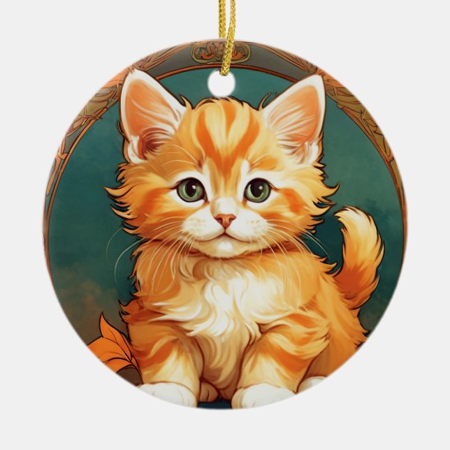 Alphonse Mucha Style Orange Cat Ceramic Tree Decoration (Front)