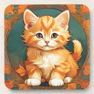 Alphonse Mucha Style Orange Cat Coaster