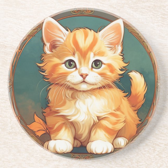Alphonse Mucha Style Orange Cat Coaster (Front)