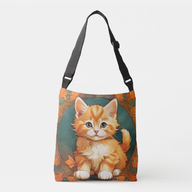 Alphonse Mucha Style Orange Cat Crossbody Bag (Front)