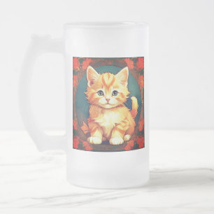 Alphonse Mucha Style Orange Cat Frosted Glass Beer Mug