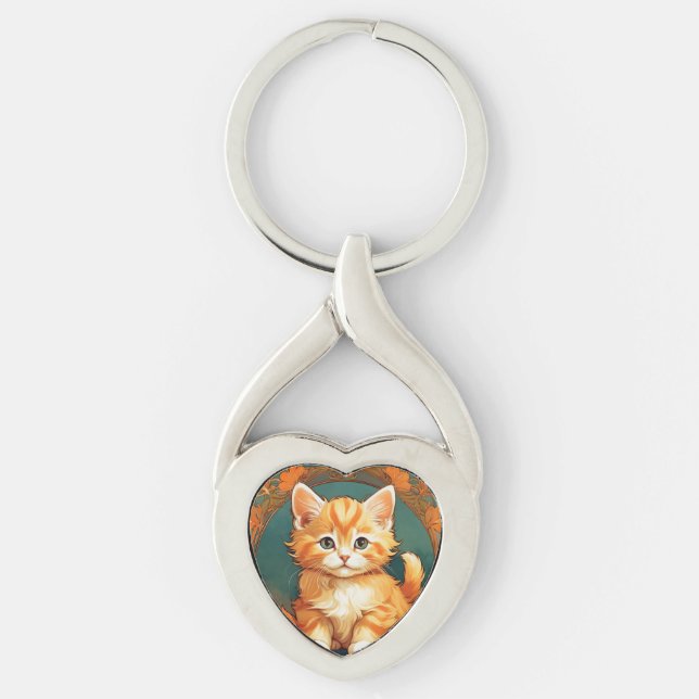 Alphonse Mucha Style Orange Cat Key Ring (Front)