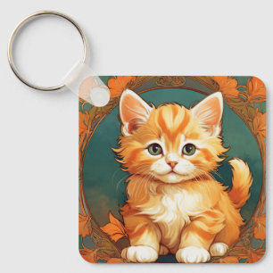 Alphonse Mucha Style Orange Cat Key Ring