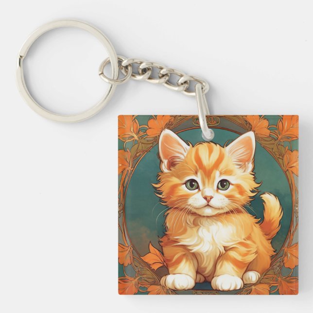 Alphonse Mucha Style Orange Cat Key Ring (Front)