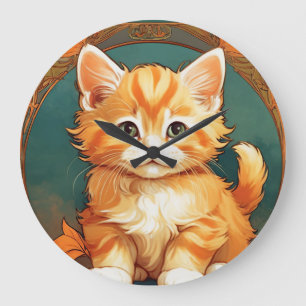 Alphonse Mucha Style Orange Cat Large Clock