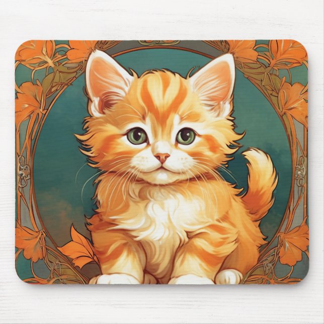 Alphonse Mucha Style Orange Cat Mouse Mat (Front)