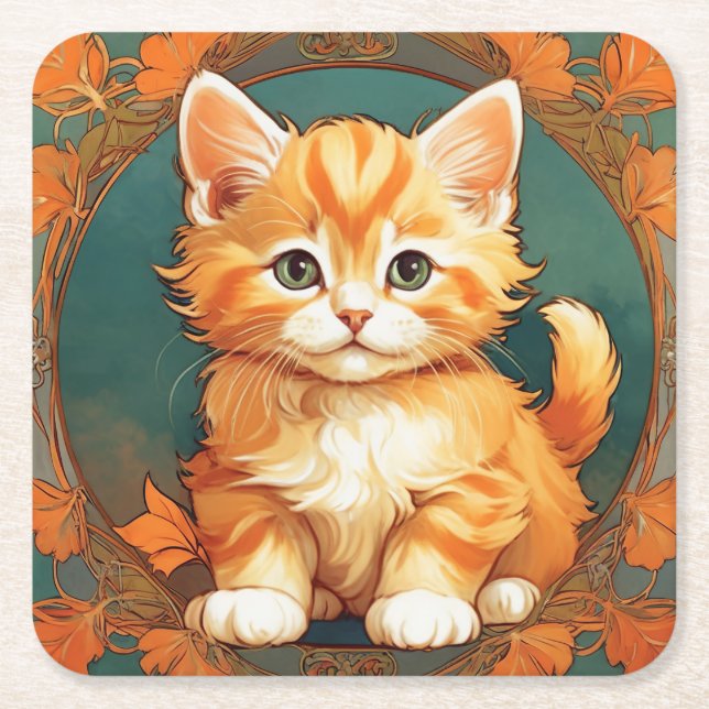 Alphonse Mucha Style Orange Cat Square Paper Coaster (Front)