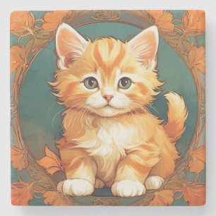 Alphonse Mucha Style Orange Cat Stone Coaster