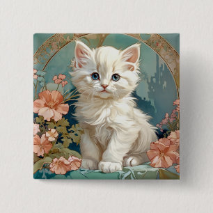 Alphonse Mucha Style White Cat 15 Cm Square Badge