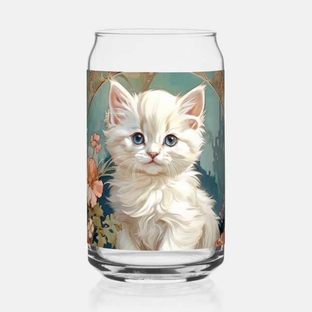 Alphonse Mucha Style White Cat Can Glass (Front)