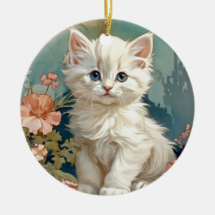 Alphonse Mucha Style White Cat Ceramic Tree Decoration