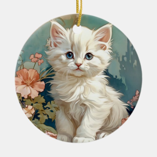 Alphonse Mucha Style White Cat Ceramic Tree Decoration (Front)