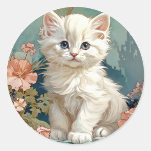 Alphonse Mucha Style White Cat Classic Round Sticker