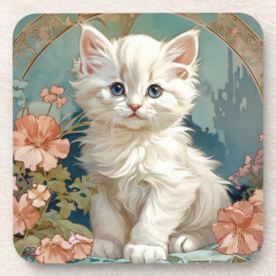 Alphonse Mucha Style White Cat Coaster