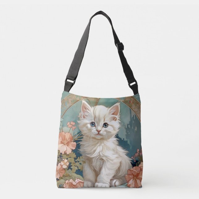 Alphonse Mucha Style White Cat Crossbody Bag (Front)