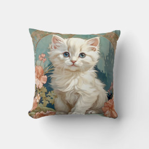 Alphonse Mucha Style White Cat Cushion