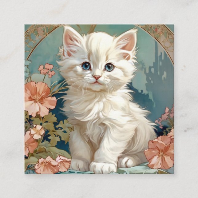 Alphonse Mucha Style White Cat Enclosure Card (Front)
