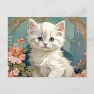 Alphonse Mucha Style White Cat Holiday Postcard