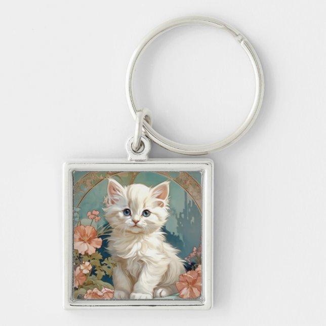 Alphonse Mucha Style White Cat Key Ring (Front)
