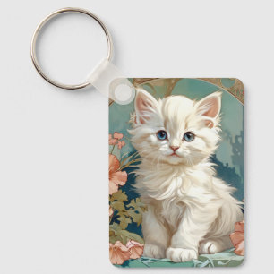 Alphonse Mucha Style White Cat Key Ring