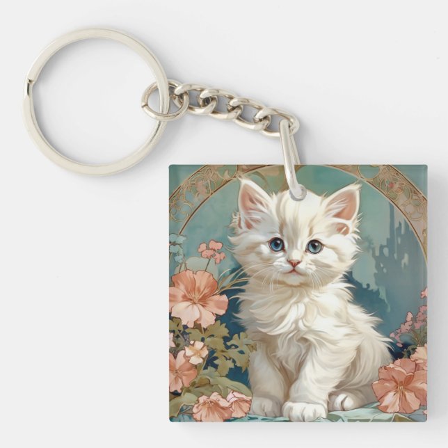 Alphonse Mucha Style White Cat Key Ring (Front)