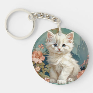Alphonse Mucha Style White Cat Key Ring