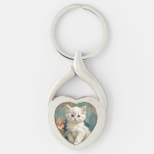 Alphonse Mucha Style White Cat Key Ring