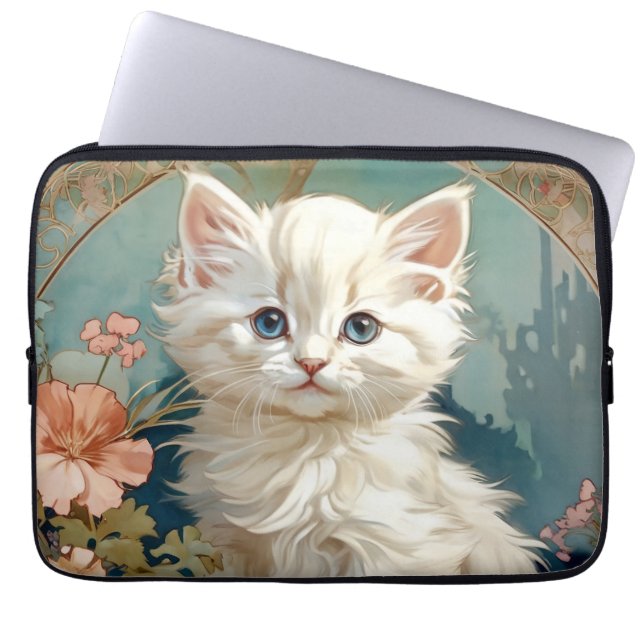 Alphonse Mucha Style White Cat Laptop Sleeve (Front)